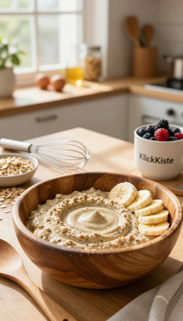 a close-up of a bowl of protein pancake batter in a wooden mixing bowl, showcasing a rich, creamy texture with visible protein powder flecks, surrounded by wholesome ingredients like oats, eggs, and banana slices. In the foreground, a wooden spatula rests beside the bowl. In the middle, a rustic kitchen countertop with a vibrant, sunlit window illuminating the scene, casting soft shadows. A mixing whisk and a mug of fresh berries are placed nearby, enhancing the inviting atmosphere. The background features soft-focused shelves filled with healthy ingredients and kitchen utensils, creating an inspiring DIY vibe. The colors are warm and earthy, invoking a cozy, homey feeling, and the overall look embodies a natural, Pinterest-inspired aesthetic. Brand presence: "KlickKiste".