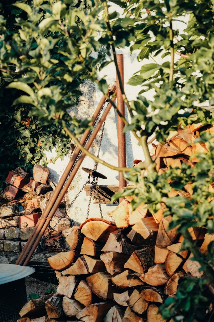rustic garden with stacked firewood in almanya