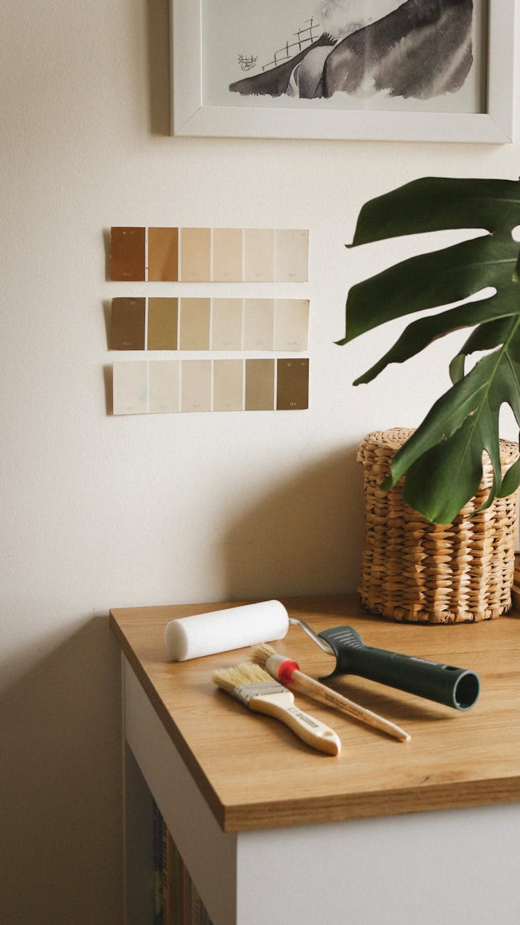 warm interior with home decor and painting tools